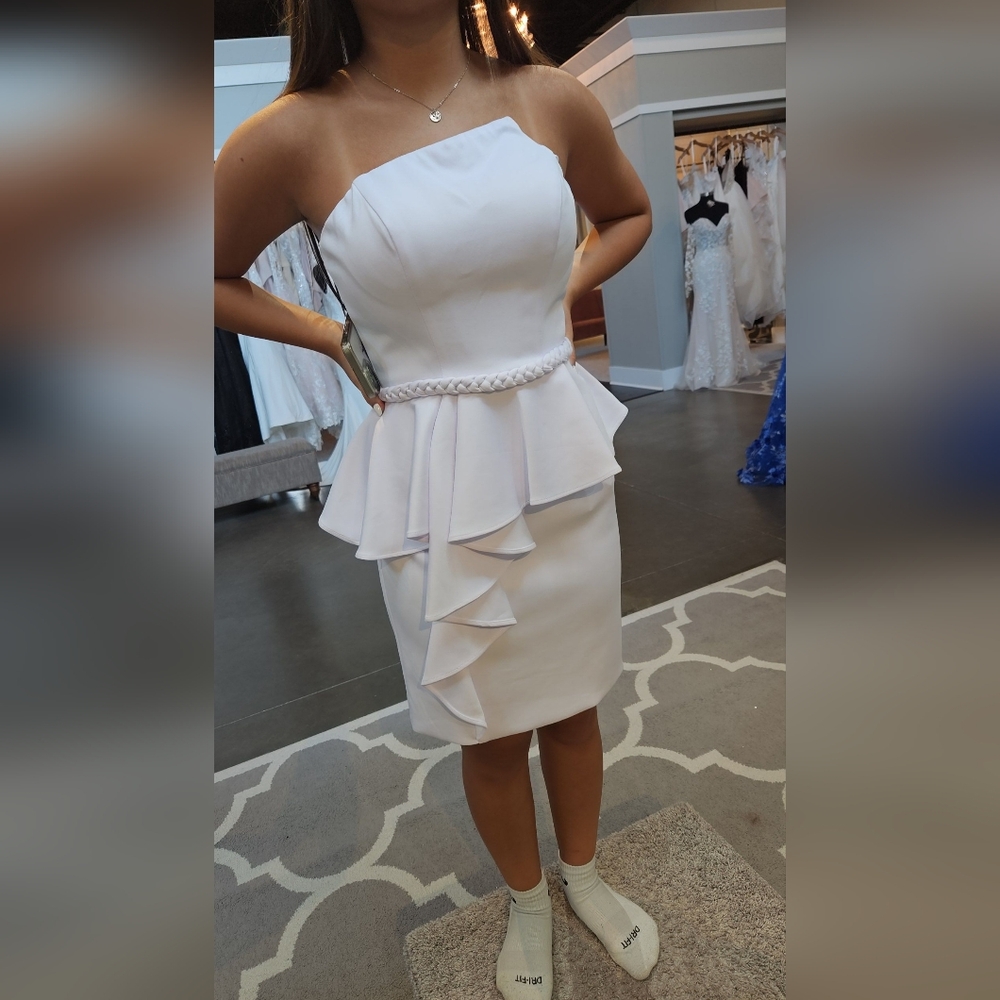 Rachel Allan Strapless White Peplum Dress